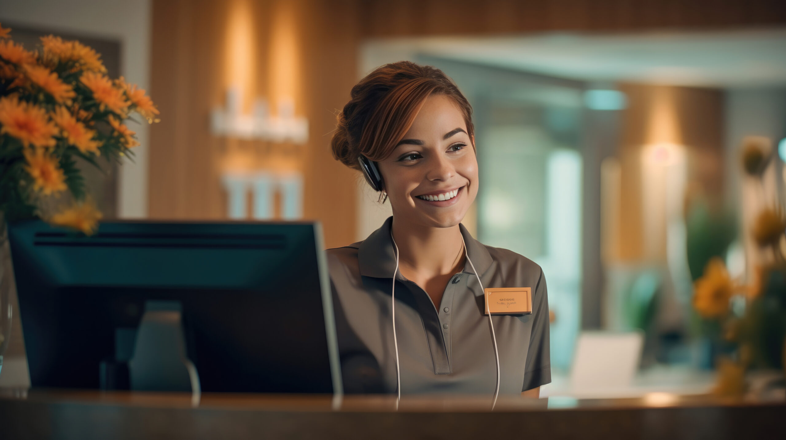Close-up of a female hotel front desk clerk expertly handling a phone call