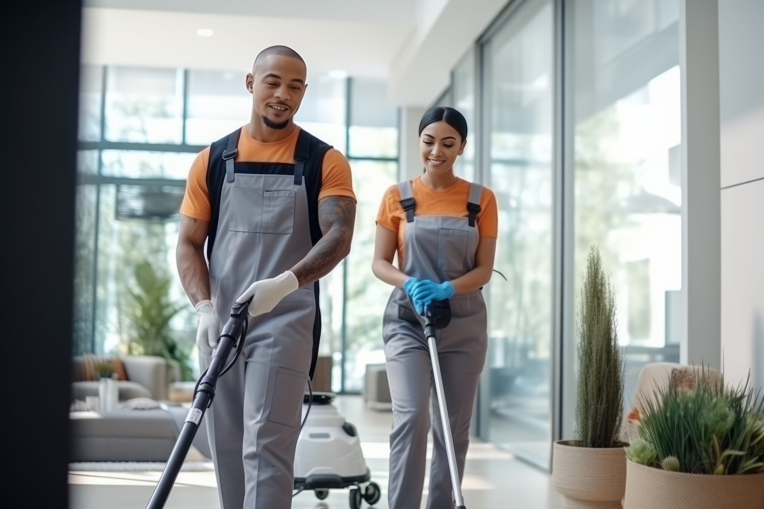 Professional mixed race janitors in uniform doing spring cleaning of modern house. AI Generated